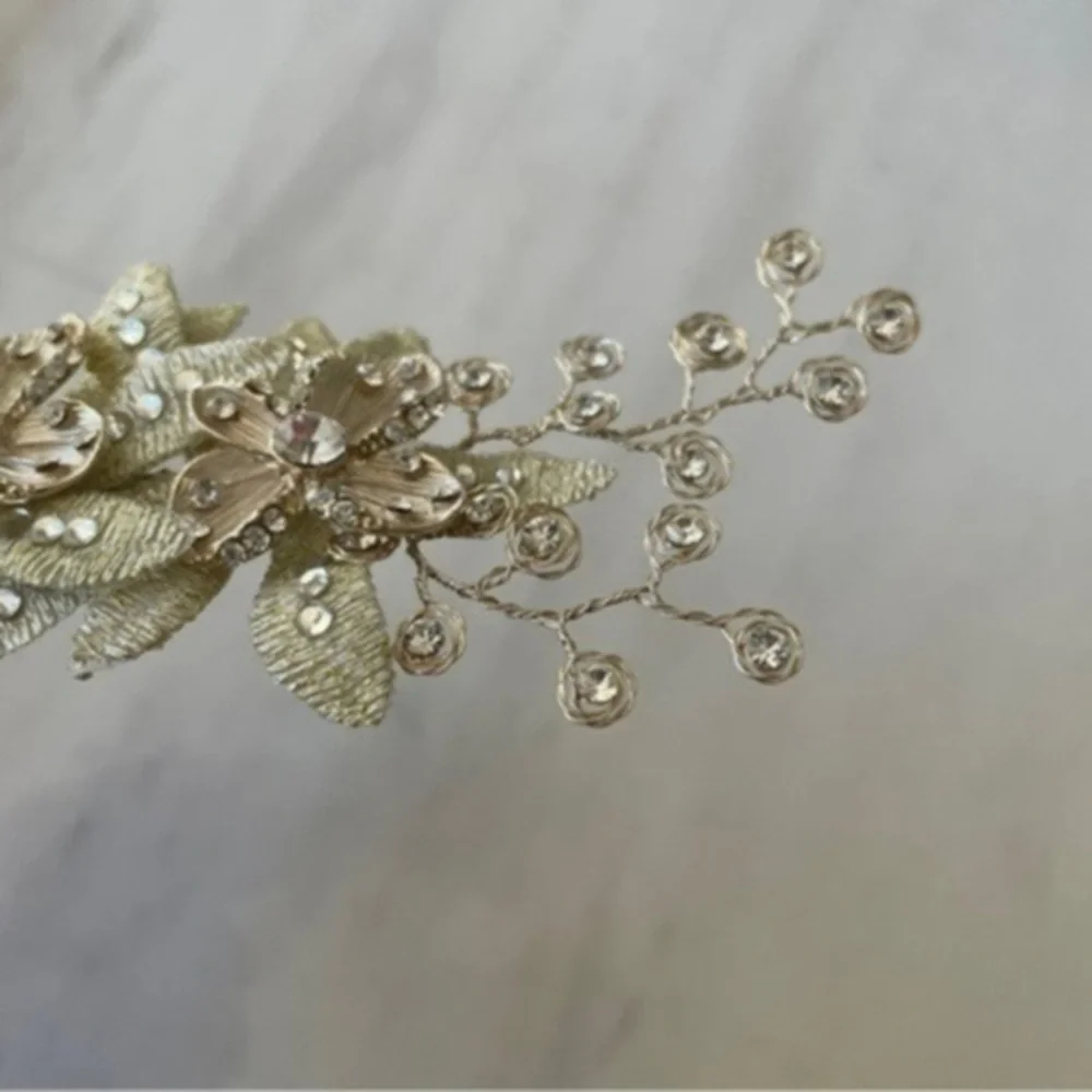 Wedding Hair Clip with Crystals, Metallic Flowers & Leaves​​​​